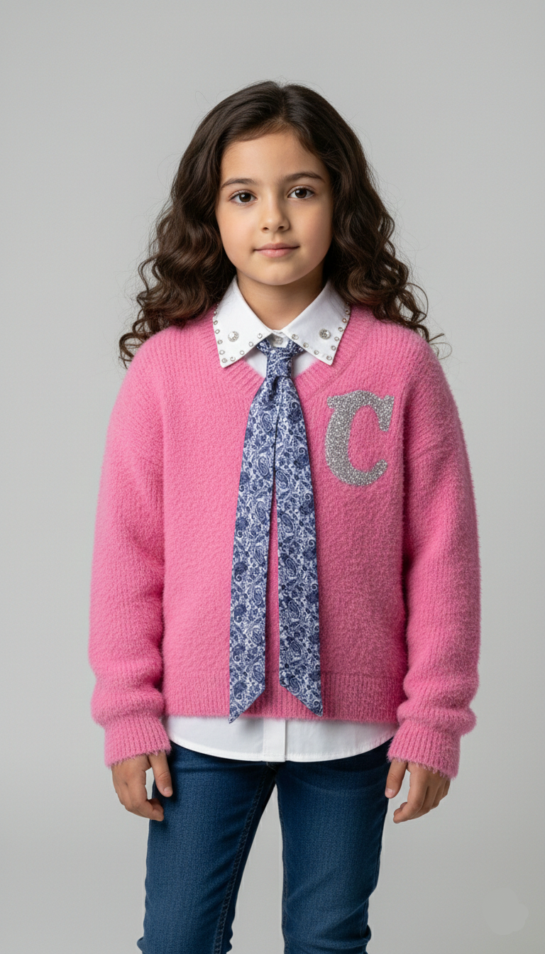 بلوفر بناتي موهير بينك مطرز بحرف كريستال مع قميص أبيض وكرافتة زرقاء، أحدث صيحات ملابس شتاء البنات.