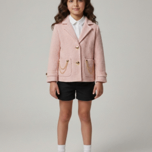 بليزر بناتي تويد لون بينك مع أزرار ذهبية وسلاسل وشورت أسود، طقم خروج كلاسيك بناتي شيك