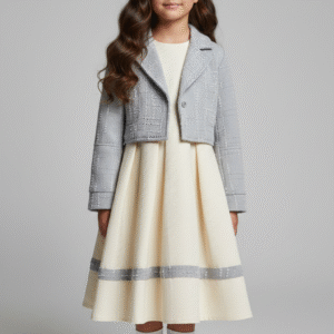 طقم فستان بناتي كريمي مع جاكيت رمادي قصير، ملابس أطفال للمناسبات والأعياد شيك.