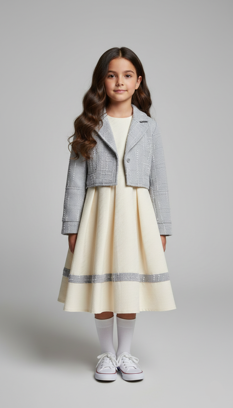 طقم فستان بناتي كريمي مع جاكيت رمادي قصير، ملابس أطفال للمناسبات والأعياد شيك.