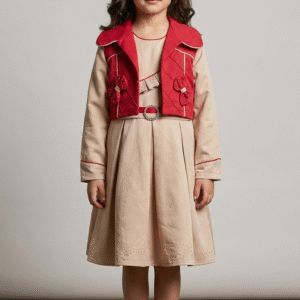 طقم فستان بناتي بيج منفوش مع جاكيت أحمر قصير مطرز بفيونكات، ملابس أطفال خروج فخمة.