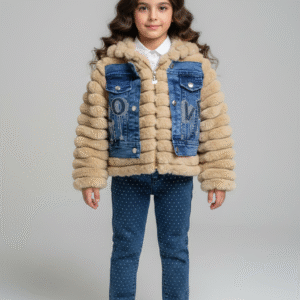 طقم ملابس بناتي خروج شتوي، جاكيت كاروهات وجيبة جينز مطرزة باللولي، موضة أطفال مصر 2026.