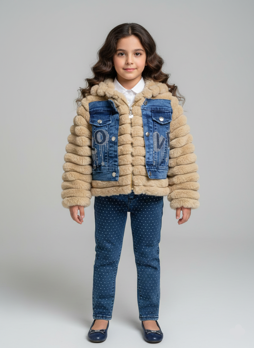 طقم ملابس بناتي خروج شتوي، جاكيت كاروهات وجيبة جينز مطرزة باللولي، موضة أطفال مصر 2026.