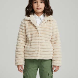 جاكيت فرو بناتي لون سكري مضلع فوق قميص أبيض وبنطلون كارغو زيتي - موضة شتاء 2026