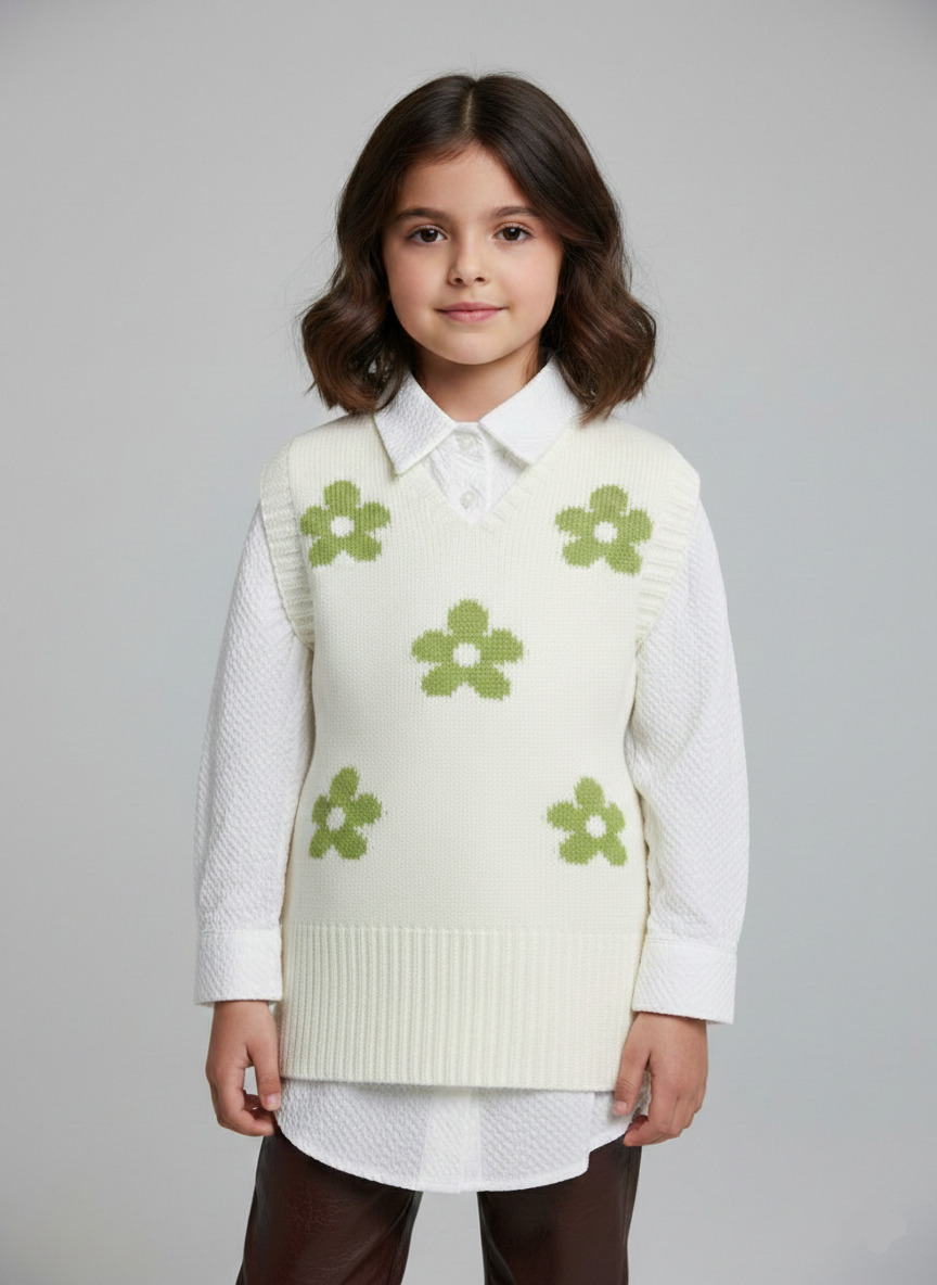 فيست تريكو بناتي أبيض بورد أخضر، ملابس شتوية بناتي تريند 2026، سديري تريكو فوق قميص أبيض