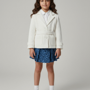 طقم خروج بناتي كلاسيك بليزر تويد أبيض بحزام وسط مع جيبة كحلي منقوشة وقميص أبيض شيك للمناسبات.