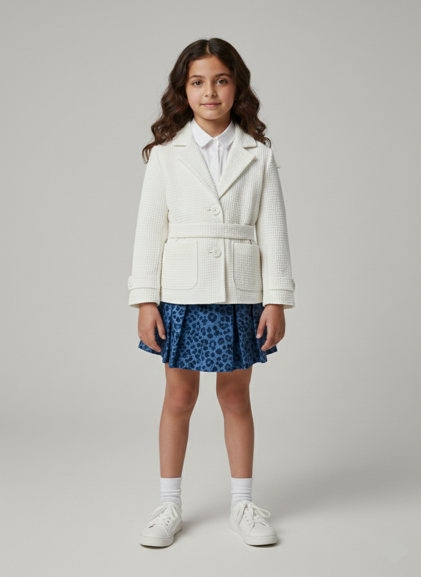 طقم خروج بناتي كلاسيك بليزر تويد أبيض بحزام وسط مع جيبة كحلي منقوشة وقميص أبيض شيك للمناسبات.