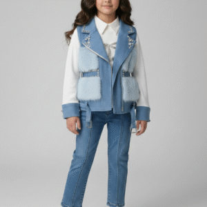 طقم جينز بناتي شتوي بفيست فرو لبني وسويت شيرت أبيض وبنطلون جينز، ملابس خروج بناتي كاجوال