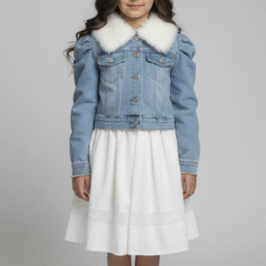 طقم بناتي شتوي جاكيت جينز بياقة فرو أبيض وفستان دانتيل، ملابس أطفال خروج فخمة.