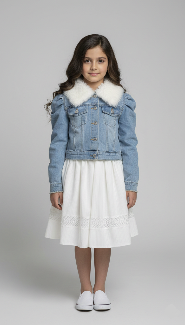 طقم بناتي شتوي جاكيت جينز بياقة فرو أبيض وفستان دانتيل، ملابس أطفال خروج فخمة.