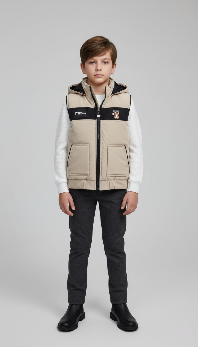 فست أطفال ولادي بيج في أسود ووتر بروف مع تطريز دب صغير، ملابس شتوية للأطفال 2026.