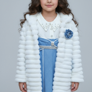 فستان بناتي سماوي مرصع بالكريستال مع جاكيت فرو أبيض فخم، ملابس خروج شتوية للأطفال 2026.