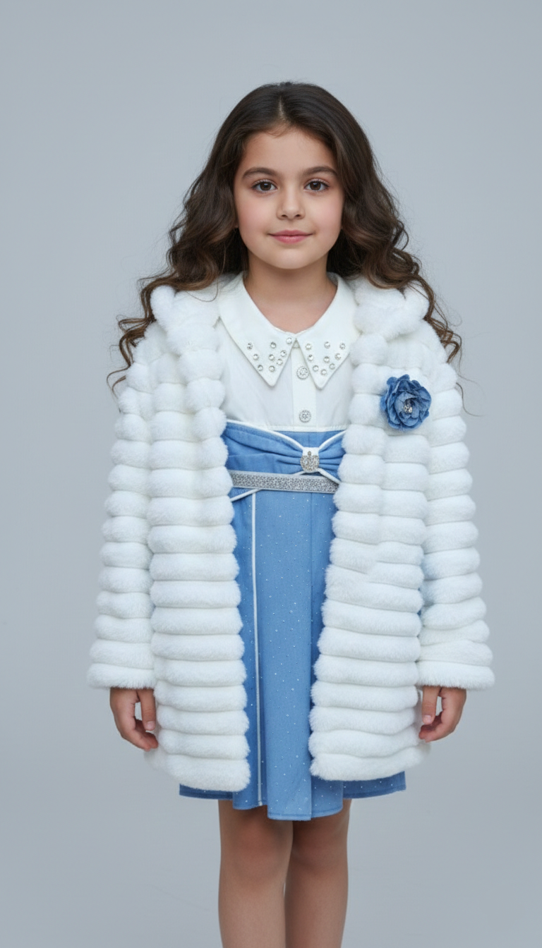 فستان بناتي سماوي مرصع بالكريستال مع جاكيت فرو أبيض فخم، ملابس خروج شتوية للأطفال 2026.