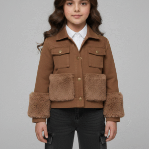 جاكيت بناتي شتوي لون هافانا بتفاصيل فرو ناعم على الأكمام والجيوب، أحدث تريندات ملابس أطفال شتوي.