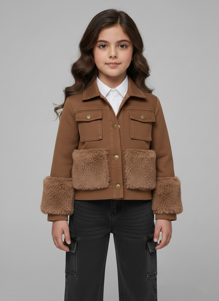 جاكيت بناتي شتوي لون هافانا بتفاصيل فرو ناعم على الأكمام والجيوب، أحدث تريندات ملابس أطفال شتوي.