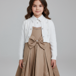 طقم فستان بناتي شيك بلون بيج مع فيونكة بارزة وجاكيت تريكو أبيض مطرز، مثالي لخروجات المناسبات