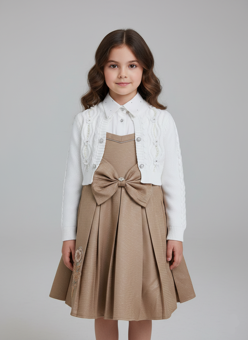 طقم فستان بناتي شيك بلون بيج مع فيونكة بارزة وجاكيت تريكو أبيض مطرز، مثالي لخروجات المناسبات