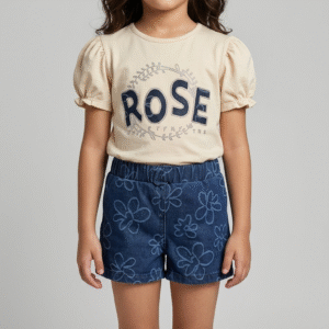طفل فتاة ترتدي طقم صيفي مكون من تيشيرت قطني بيج بكلمة ROSE وأكمام منفوخة مع شورت جينز أزرق داكن بنقوش أزهار.